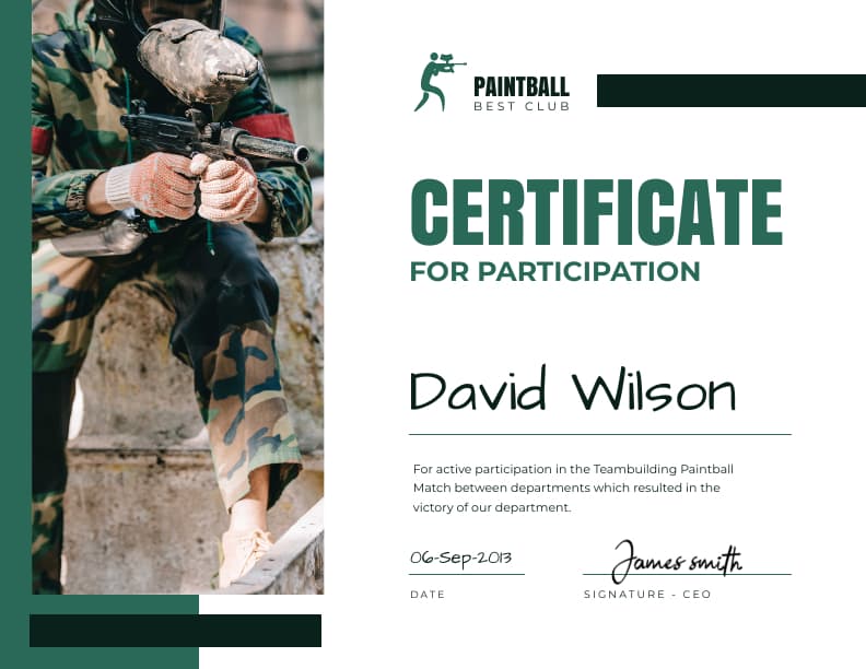 David Certificate Of Participation In Paintball Best Club