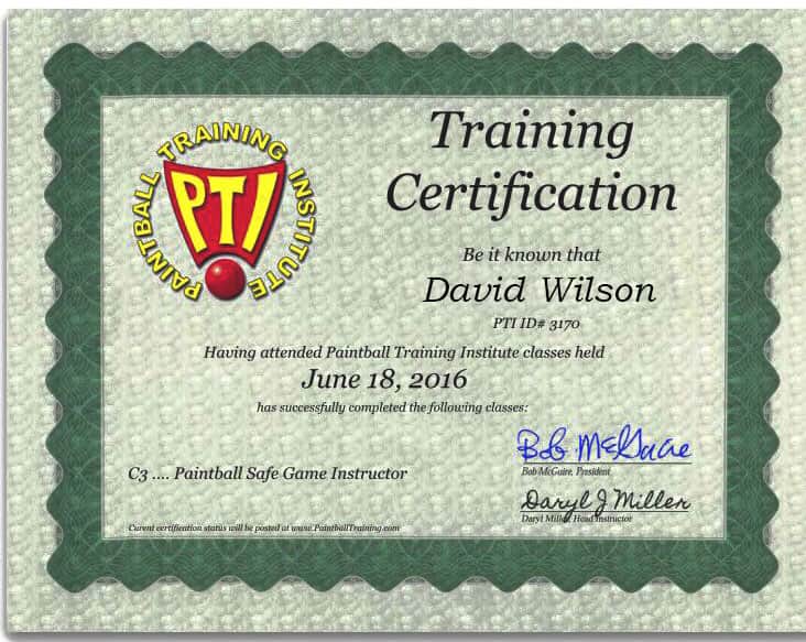 David Wilson paintball training classes certificate from PTI